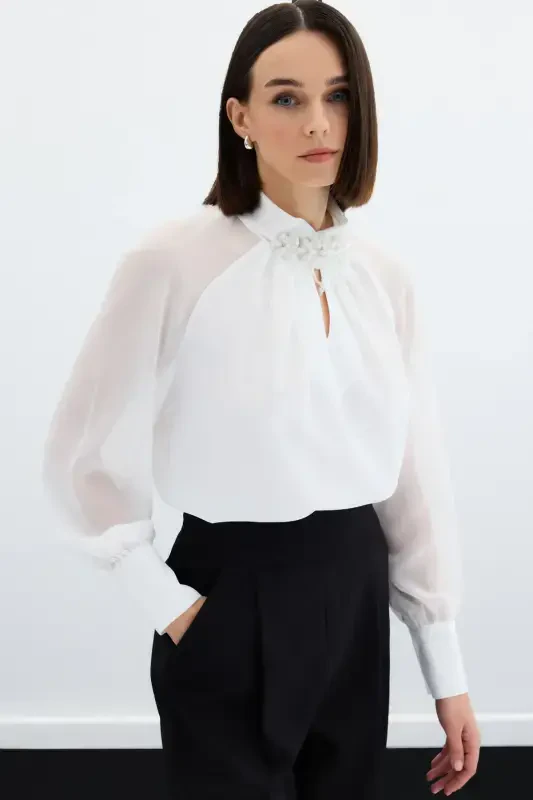Blouse with Collar Accessory - ECRU - 3