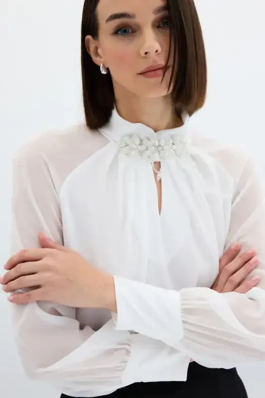Blouse with Collar Accessory - ECRU - 6