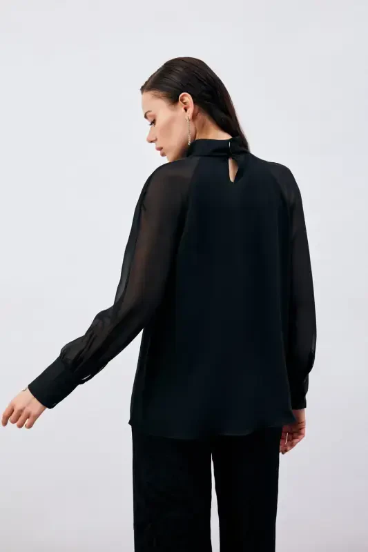 Blouse with Neck Accessory - Black - 6