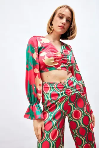 Blouse with Ruffles and Pattern - FUCHSIA - SATEEN (1)