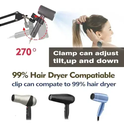 Blow Dryer Stand Hands Free 360 Rotate Hands Free Hair Dryer Holder, Sozlanadigan Soch Quritgich Stendi Qo'llarsiz, Qo'llarsiz Soch Quritgich Stendi 99% uchun mos Keladigan Bepul Klip - 5
