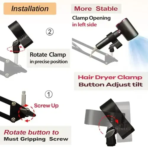 Blow Dryer Stand Hands Free 360 Rotate Hands Free Hair Dryer Holder, Sozlanadigan Soch Quritgich Stendi Qo'llarsiz, Qo'llarsiz Soch Quritgich Stendi 99% uchun mos Keladigan Bepul Klip - 7