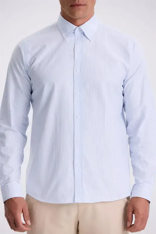 Blue %100 Cotton Button-Down Collar Comfort Fit Shirt - 3