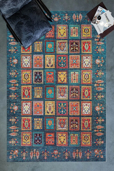 Blue Afghan Patterned Rug (Machine Washable Dot/Felt Base) - Cp649 - 1