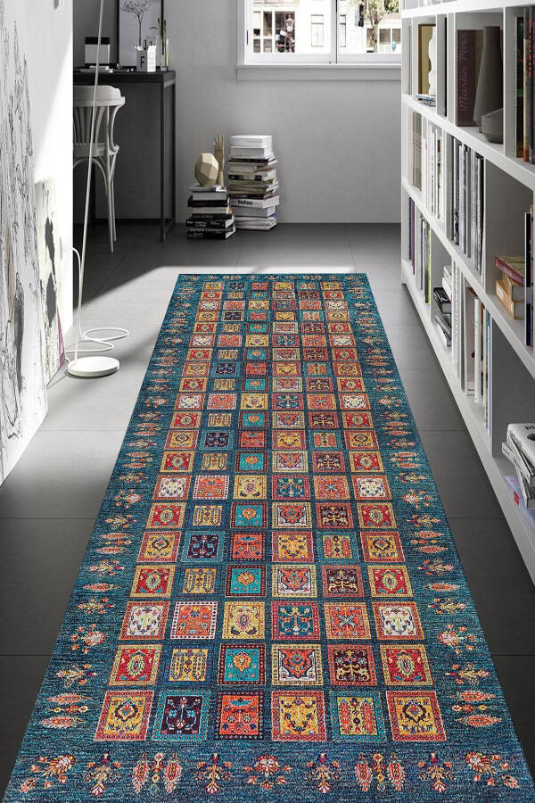 Blue Afghan Patterned Rug (Machine Washable Dot/Felt Base) - Cp649 - 2