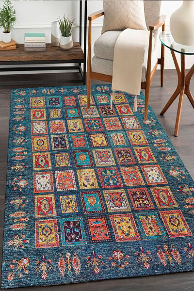 Blue Afghan Patterned Rug (Machine Washable Dot/Felt Base) - Cp649 - 3