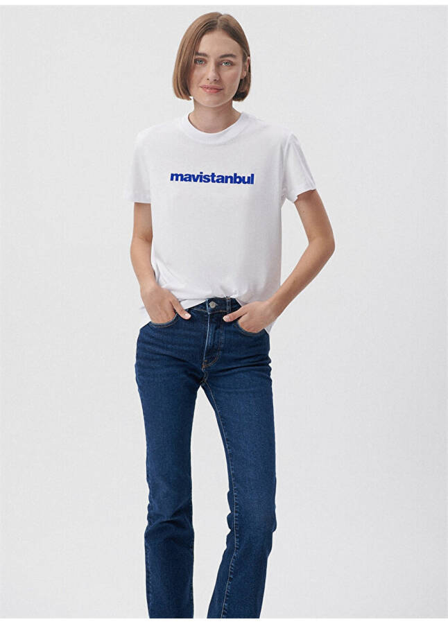 Blue Bicycle Collar White Women's T-Shirt M1612108-620 MAVİSTANBUL PRINTED T-Shirt - 18