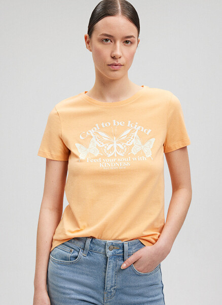 Blue Bicycle Neck Orange Women's T-Shirt M1612386-84617-BUTTERFLY PRINTED T-SHIRT - 7