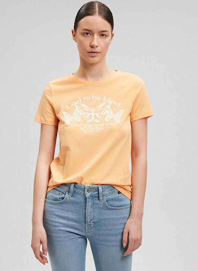 Blue Bicycle Neck Orange Women's T-Shirt M1612386-84617-BUTTERFLY PRINTED T-SHIRT - 8