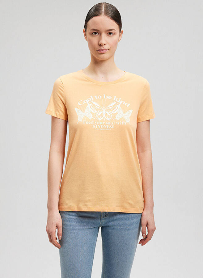 Blue Bicycle Neck Orange Women's T-Shirt M1612386-84617-BUTTERFLY PRINTED T-SHIRT - 9