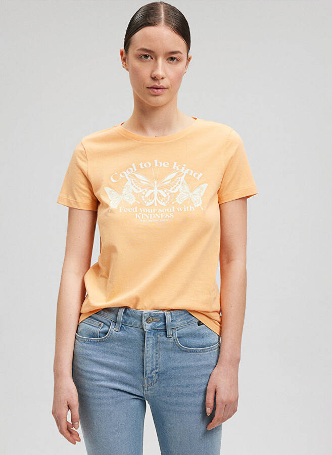 Blue Bicycle Neck Orange Women's T-Shirt M1612386-84617-BUTTERFLY PRINTED T-SHIRT - 2