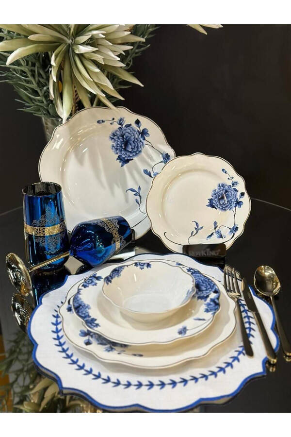 Blue Blanche 24 Piece 6 Person Bone Porcelain Dinner Set - 1