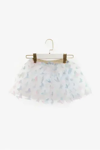 Blue Butterfly Appliqued Girl's Tulle Skirt - Pauline-Blue 