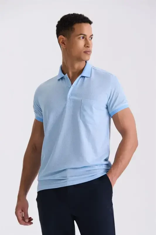 Blue Classic Fit Pocket Patterned Polo Collar T-Shirt - Modazone