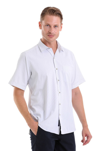 Blue Classic Fit Striped Cotton Slim Collar Short Sleeve 