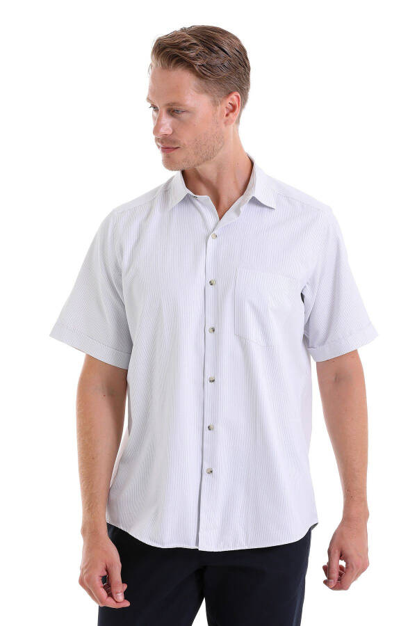 Blue Classic Fit Striped Cotton Slim Collar Short Sleeve - 3