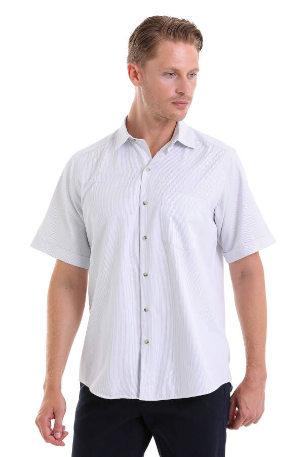 Blue Classic Fit Striped Cotton Slim Collar Short Sleeve - 4