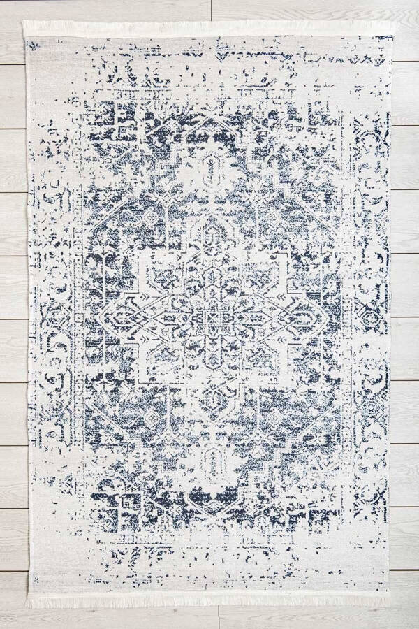 Blue Classic Patterned Chenille Machine Carpet with Fringe Non-Slip Base Rug 7411 - 9