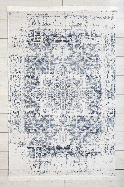 Blue Classic Patterned Chenille Machine Carpet with Fringe Non-Slip Base Rug 7411 - 2