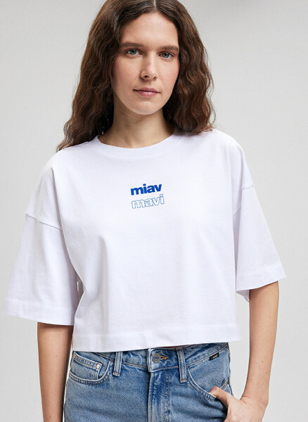 Blue collar white women's t-shirt, M1612454-620-MIAV printed crop t-shirt - 1