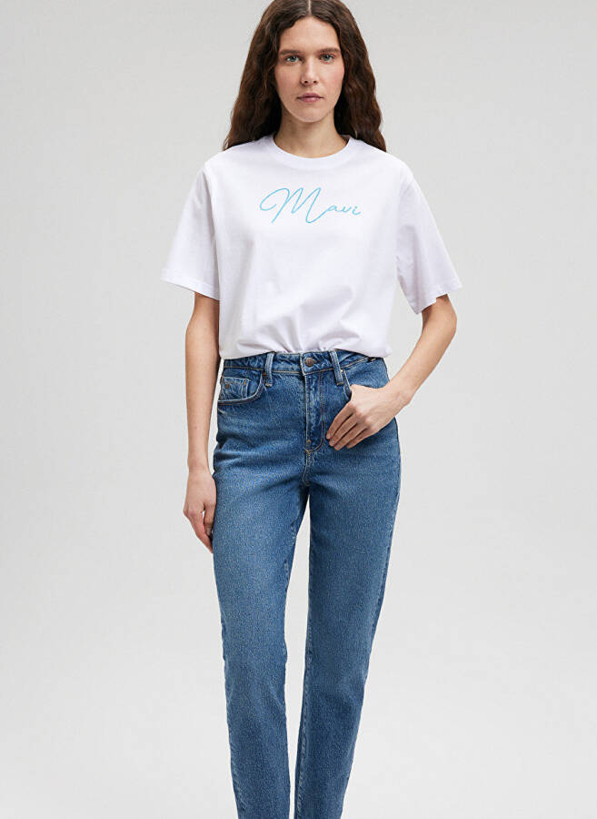 Blue collar white women's t-shirt, printed design. M1612419-620-MAVI - 1