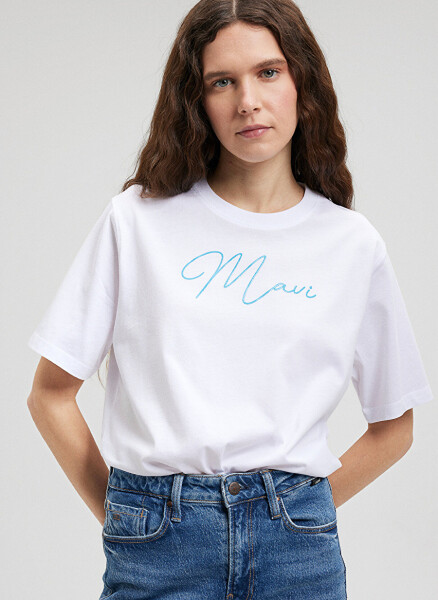 Blue collar white women's t-shirt, printed design. M1612419-620-MAVI - 2