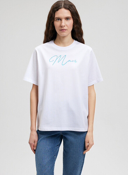 Blue collar white women's t-shirt, printed design. M1612419-620-MAVI - 3