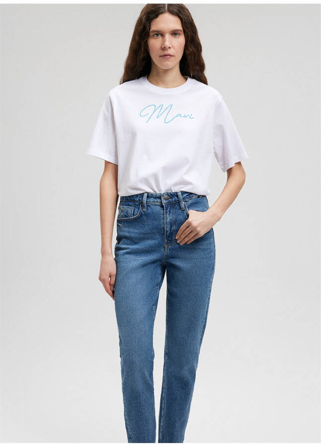 Blue collar white women's t-shirt, printed design. M1612419-620-MAVI - 7