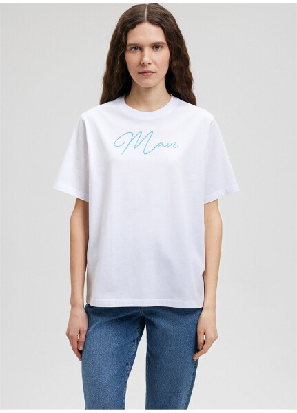 Blue collar white women's t-shirt, printed design. M1612419-620-MAVI - 9