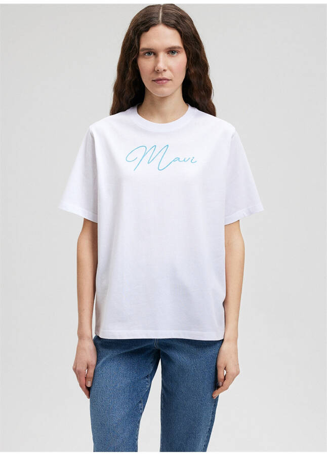 Blue collar white women's t-shirt, printed design. M1612419-620-MAVI - 9