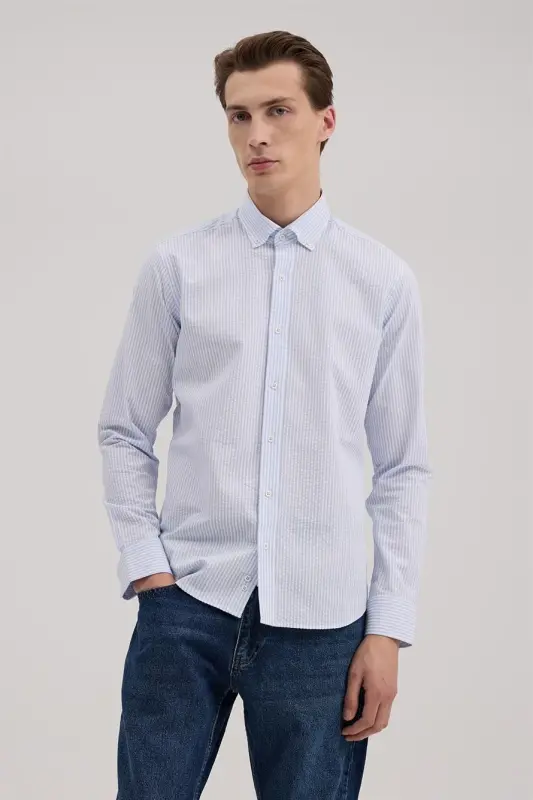 Blue Comfort Fit 100% Cotton Striped Shirt - 2