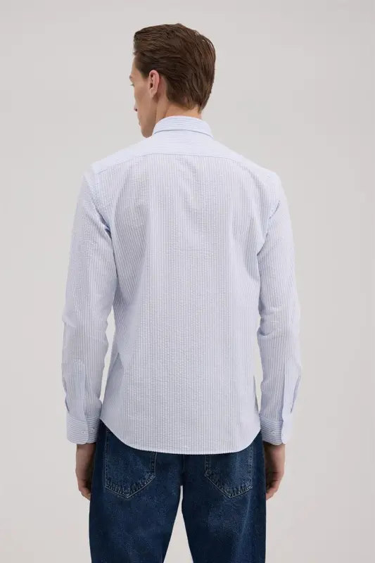 Blue Comfort Fit 100% Cotton Striped Shirt - 4