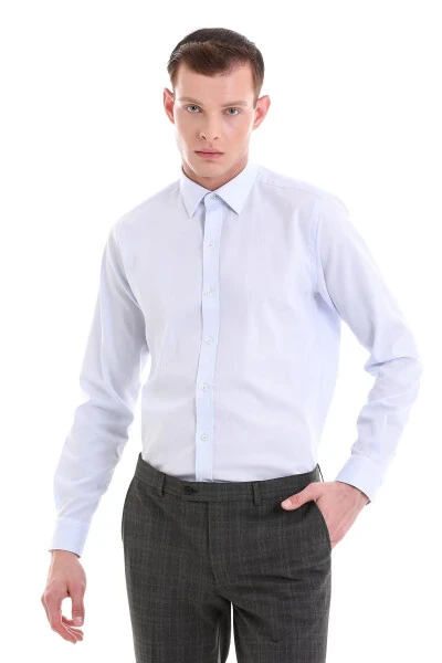 Blue Comfort Fit Patterned 100% Cotton Slim Collar L/S Shirt - 1