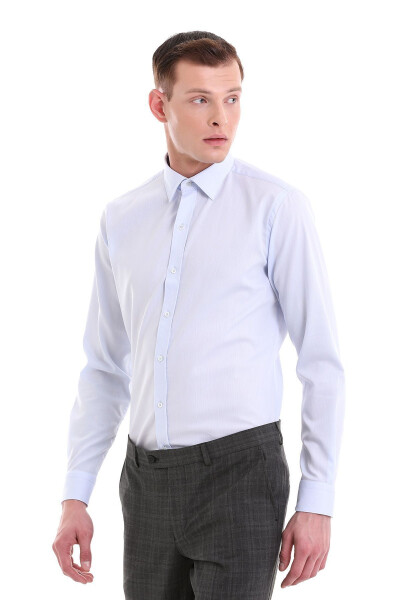 Blue Comfort Fit Patterned 100% Cotton Slim Collar L/S Shirt - 3