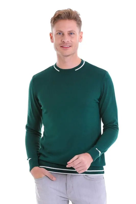 Blue Comfort Fit Patterned Crew Neck Wool Wool Sweater - Petrol - 1