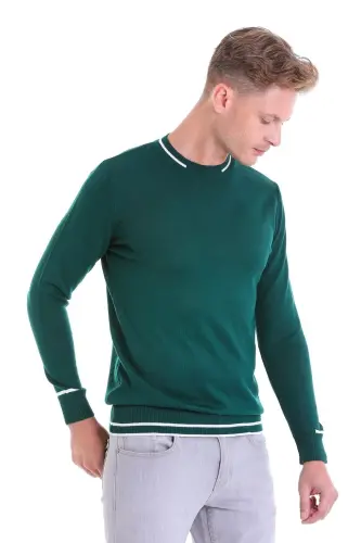 Blue Comfort Fit Patterned Crew Neck Wool Wool Sweater - Petrol - 3