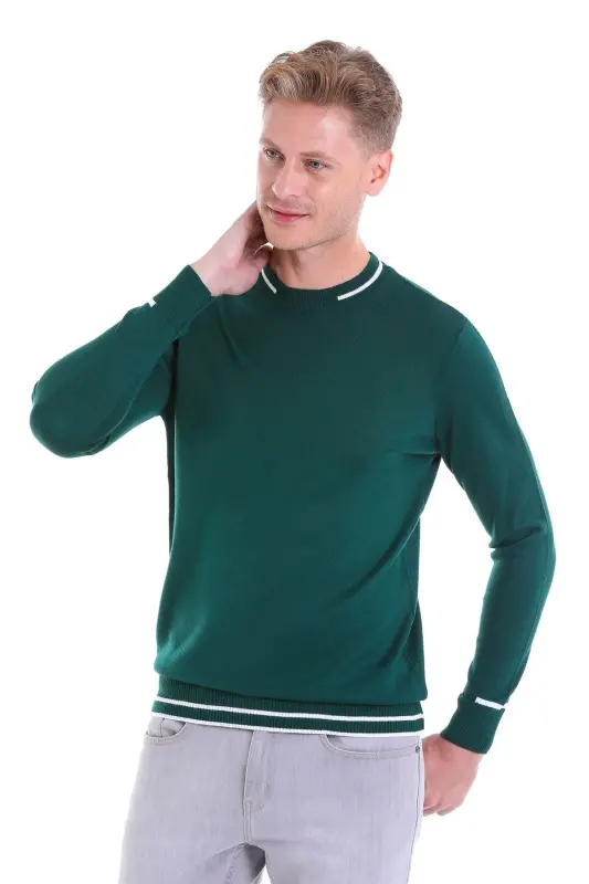 Blue Comfort Fit Patterned Crew Neck Wool Wool Sweater - Petrol - 4