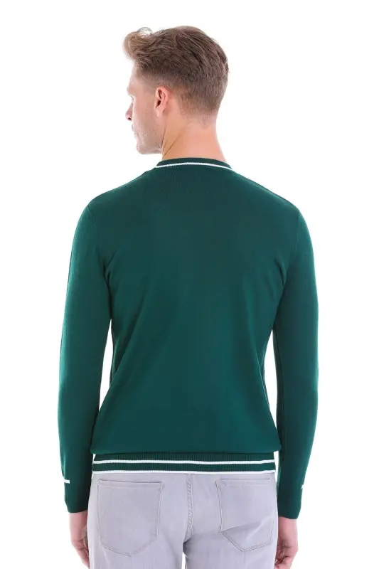 Blue Comfort Fit Patterned Crew Neck Wool Wool Sweater - Petrol - 7