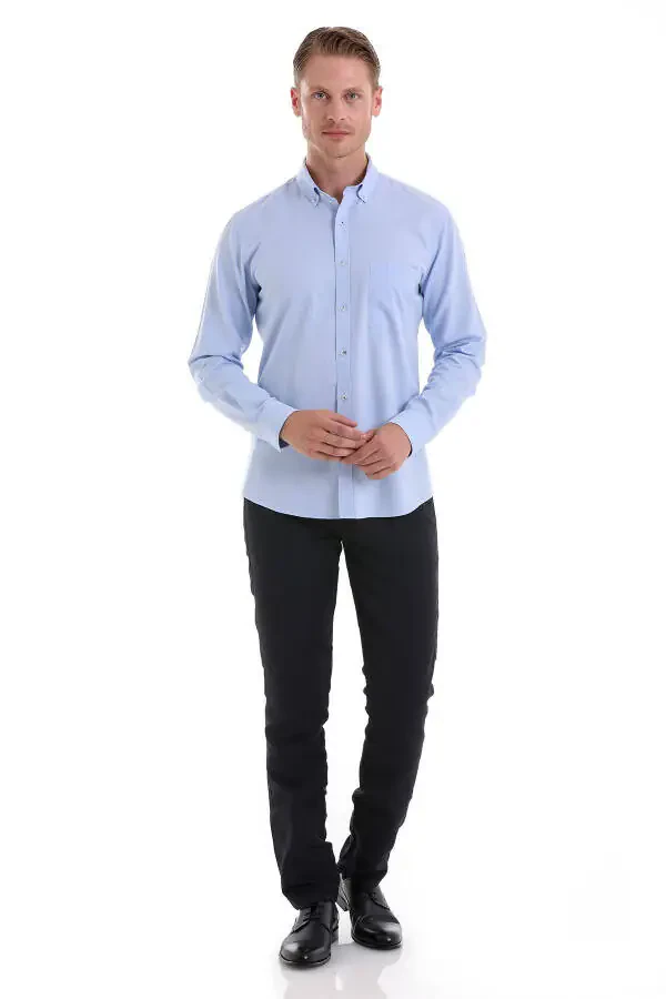 Blue Comfort Fit Plain 100% Cotton Button-Down Collar Long Sleeve - 2