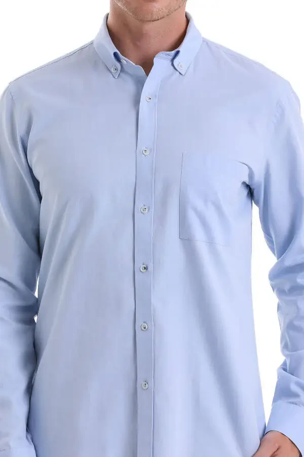 Blue Comfort Fit Plain 100% Cotton Button-Down Collar Long Sleeve - 5