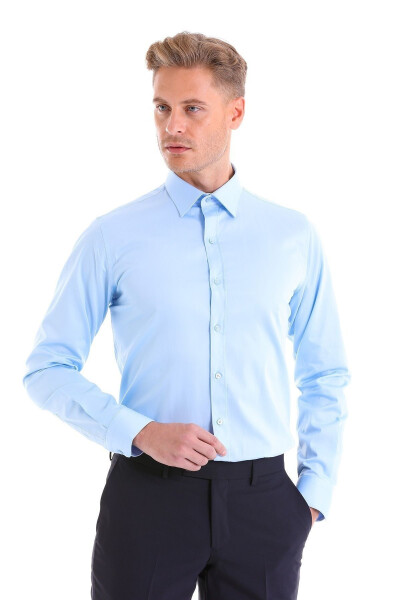 Blue Comfort Fit Plain 100% Cotton Slim Collar Long Sleeve - 3