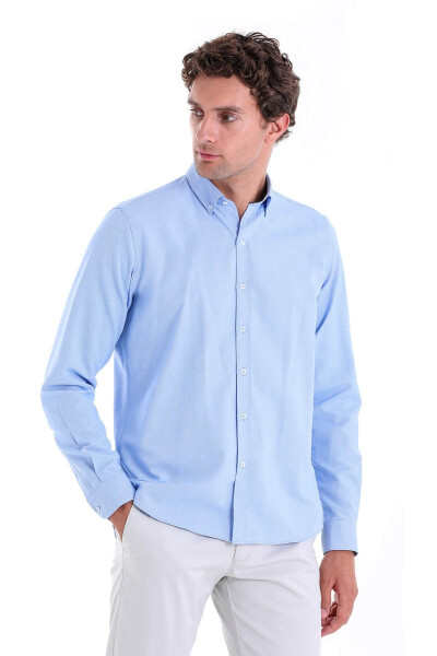Blue Comfort Fit Plain Button Down Collar Long Sleeve Casual - HATEMOĞLU