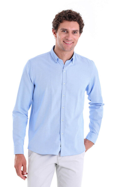 Blue Comfort Fit Plain Button Down Collar Long Sleeve Casual - HATEMOĞLU (1)