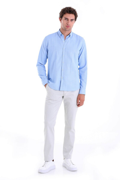 Blue Comfort Fit Plain Button Down Collar Long Sleeve Casual - 4