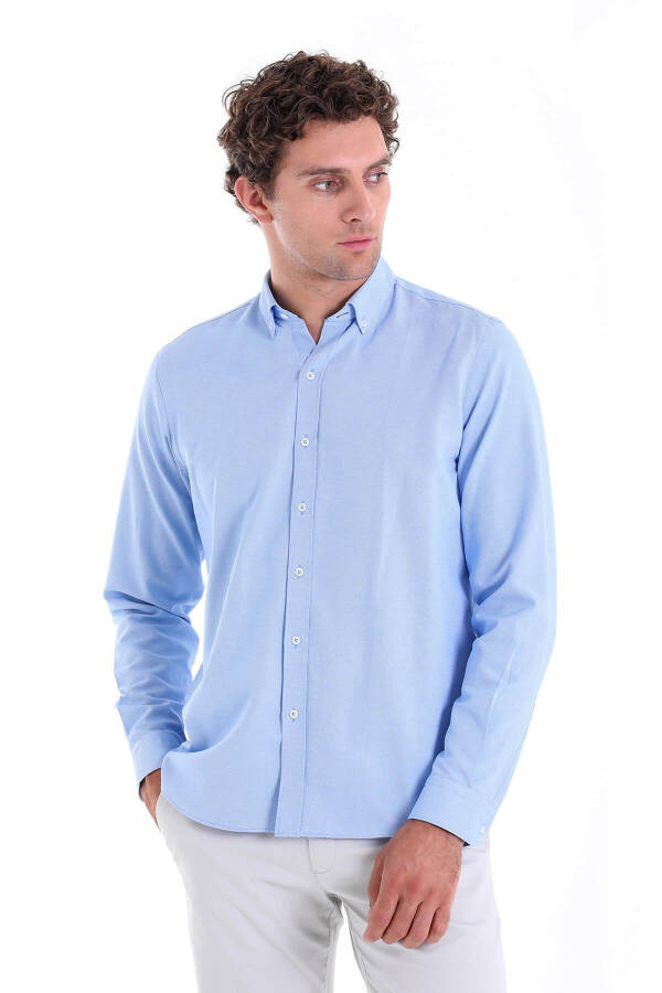 Blue Comfort Fit Plain Button Down Collar Long Sleeve Casual - 3
