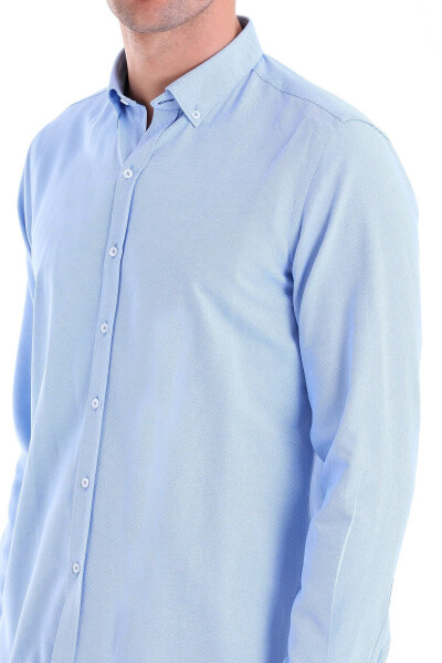 Blue Comfort Fit Plain Button Down Collar Long Sleeve Casual - 5