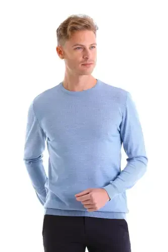 Blue Comfort Fit Plain Crew Neck Woolen Wool Sweater - 5