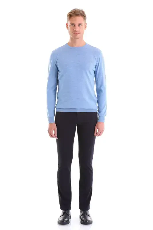 Blue Comfort Fit Plain Crew Neck Woolen Wool Sweater - 6