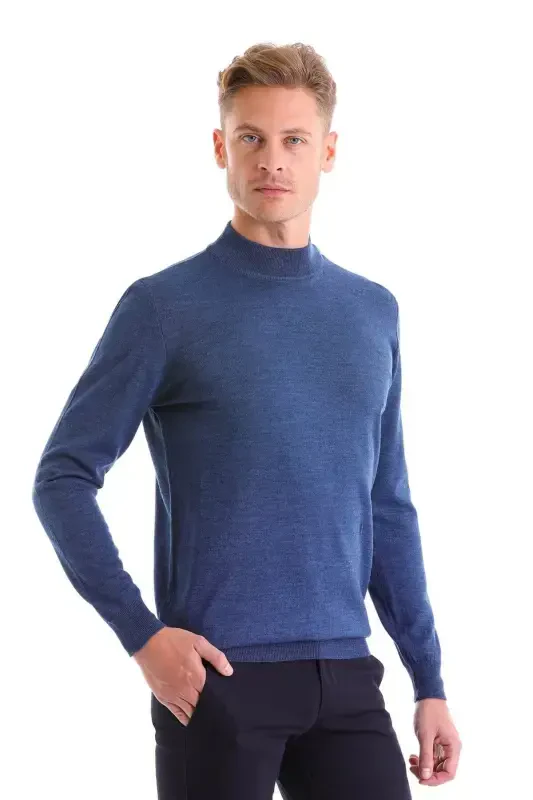 Blue Comfort Fit Plain Turtleneck Woolen Wool - HATEMOĞLU