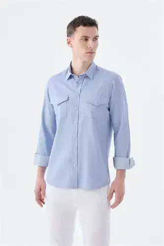 Blue Comfort Fit Pocket Button-Down 100% Cotton Denim Shirt - Modazone (1)